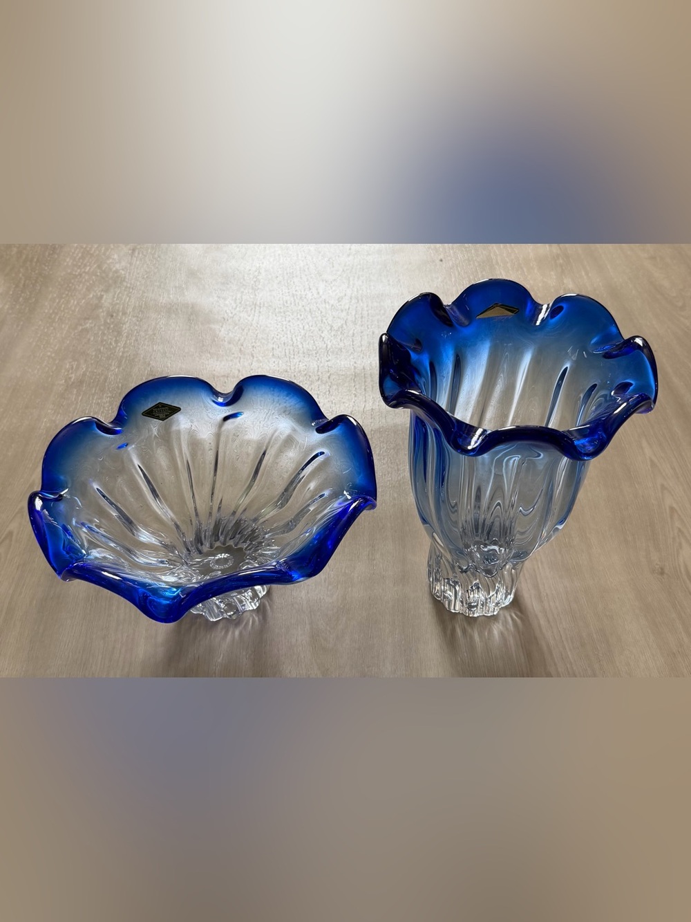 Vintage Art Glass Vase Clear Cobalt Blue Shannon Crystal Vase And Bowl